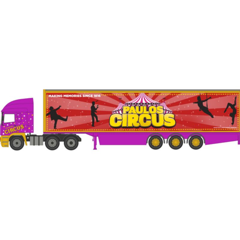 OO Gauge Oxford Diecast ERF EC14 Olympic Curtains Box Trailer Paulos Circus