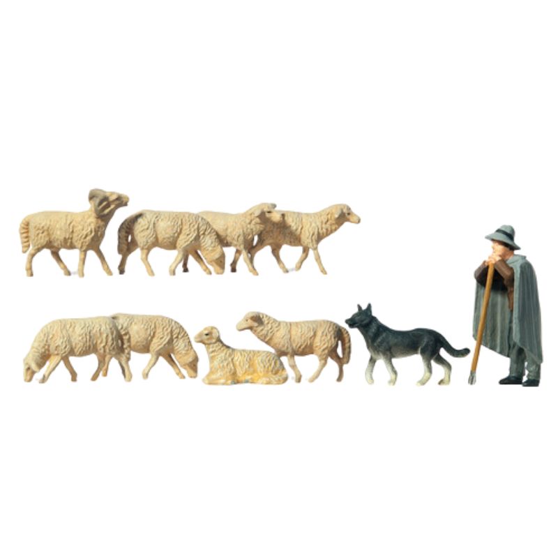 Preiser O Gauge Sheep (8) Sheepdog and Shepherd Figure Set